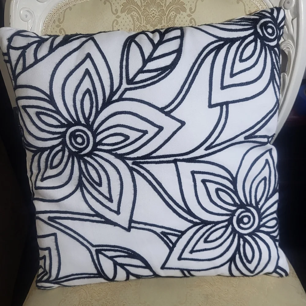 Blue and White Geometric Floral Accent‎ Pillow